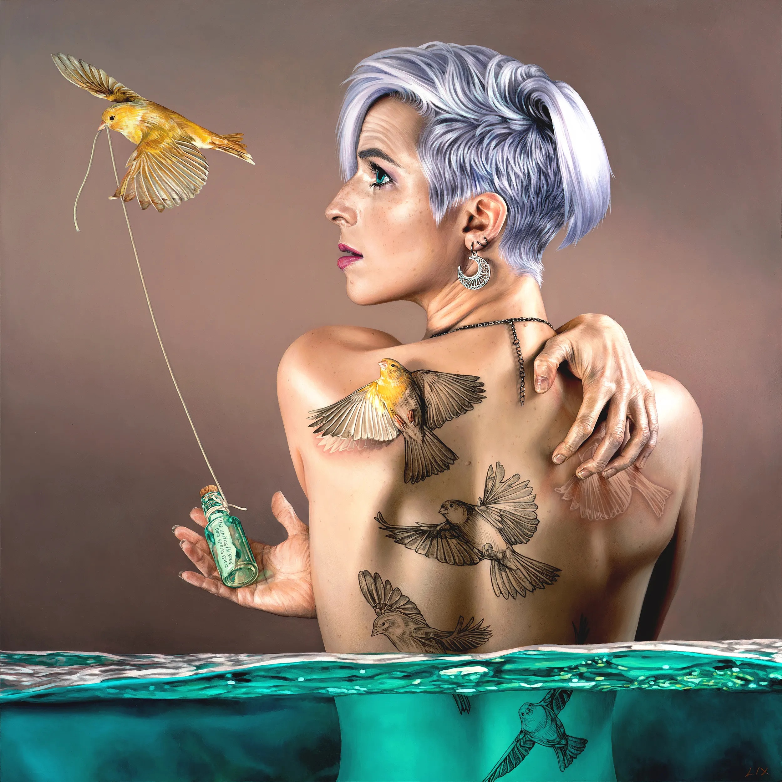'Message in a Bottle' oil painting by Lix North © 2022