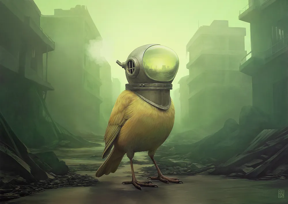 'Wintergreen' oil painting in the Aves ex Machina Series by Lix North © 2026